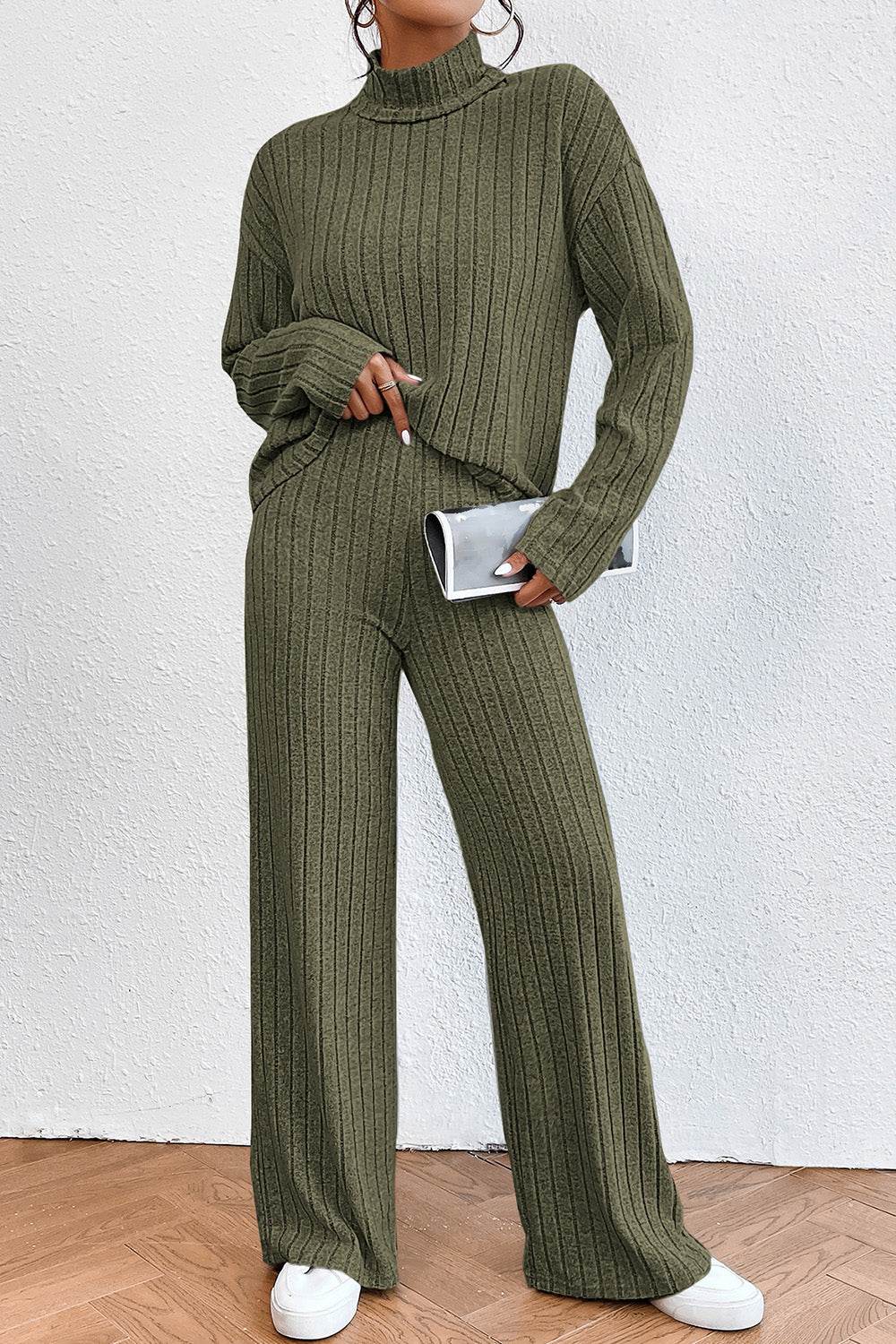 Ribbed Mock Neck Top and Pants Set - DaTrendStore.Com