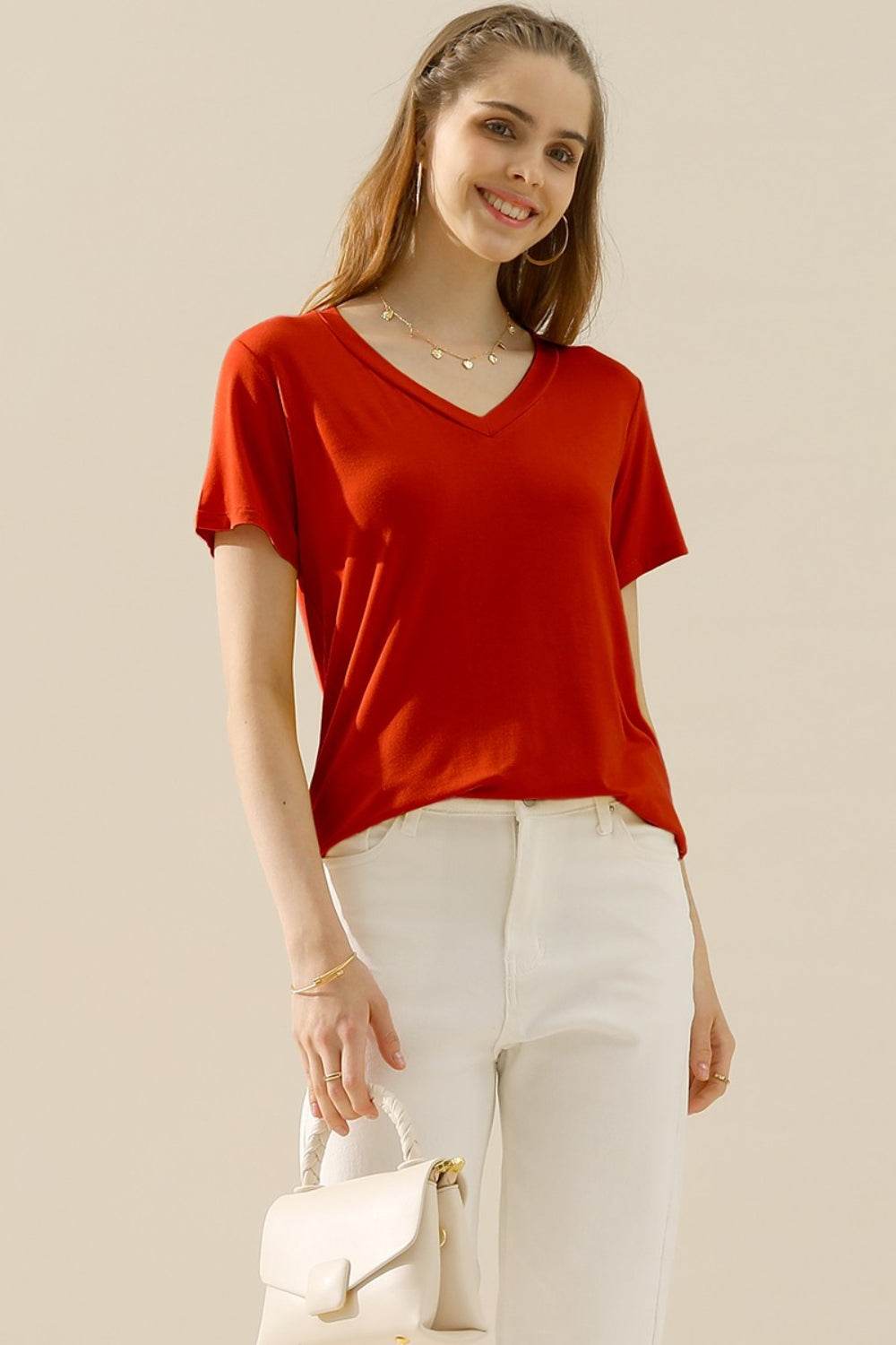 Ninexis Full Size V-Neck Short Sleeve T-Shirt - DaTrendStore.Com