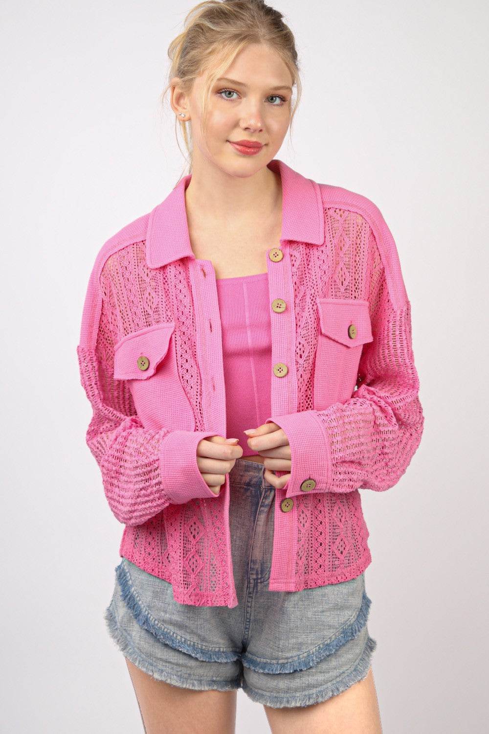 VERY J Button Up Long Sleeve Lace Shirt - DaTrendStore.Com