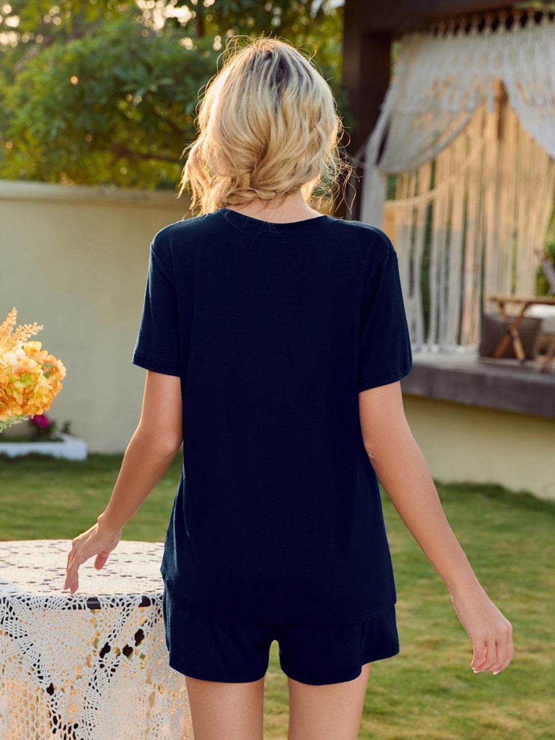V-Neck Short Sleeve Top and Pocketed Shorts Lounge Set - DaTrendStore.Com
