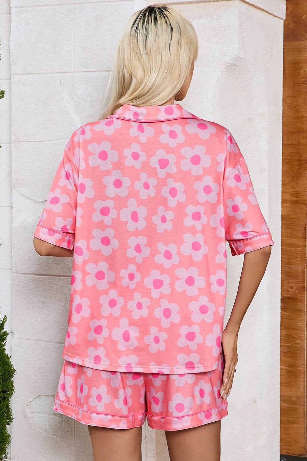 Pocketed Flower Half Sleeve Top and Shorts Lounge Set - DaTrendStore.Com
