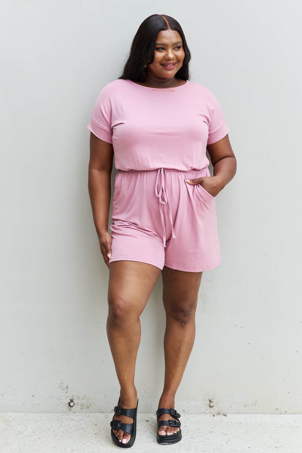 Zenana Chilled Out Full Size Short Sleeve Romper in Light Carnation Pink - DaTrendStore.Com