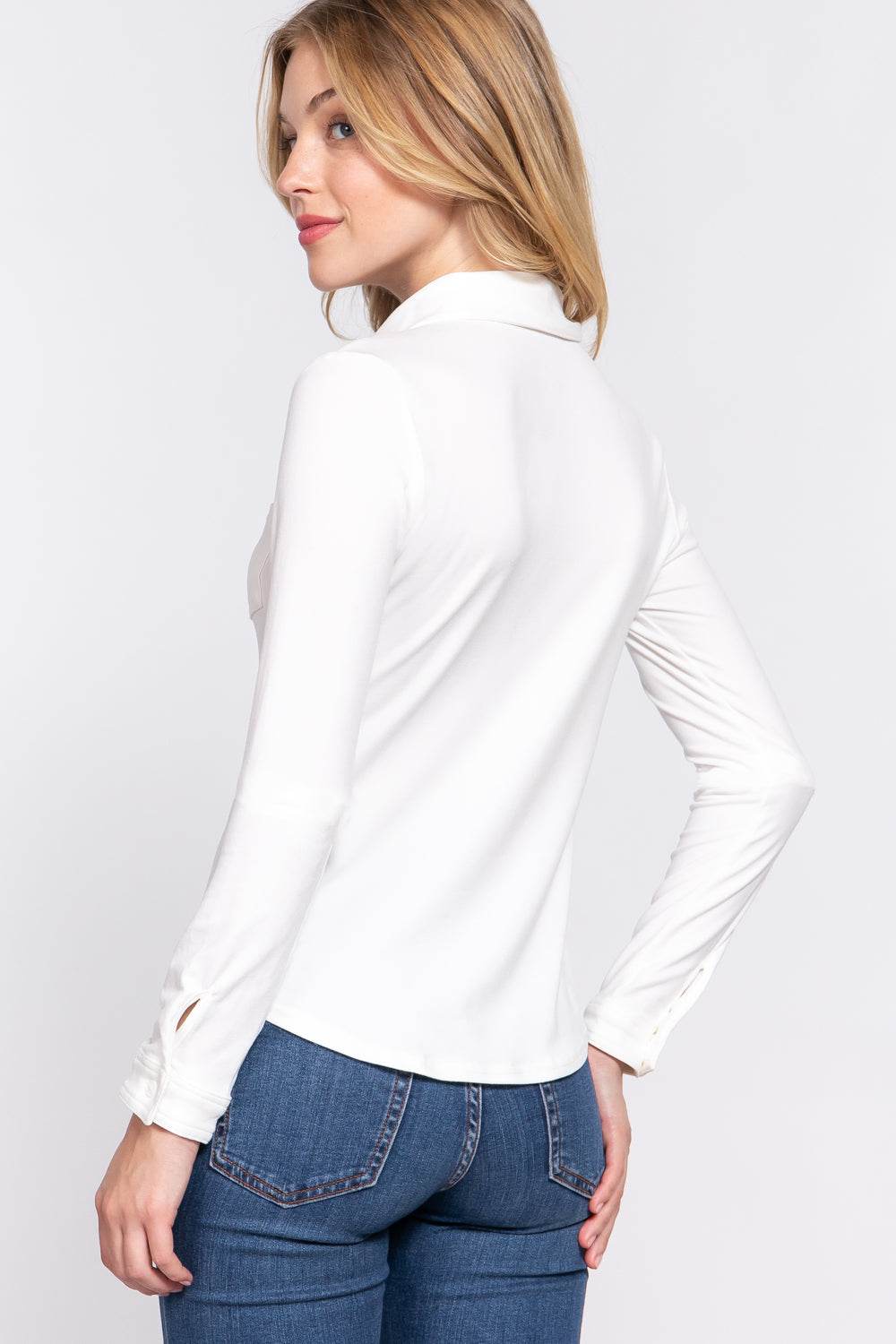 ACTIVE BASIC Long Sleeve Front Pocket DTY Brushed Shirt - DaTrendStore.Com