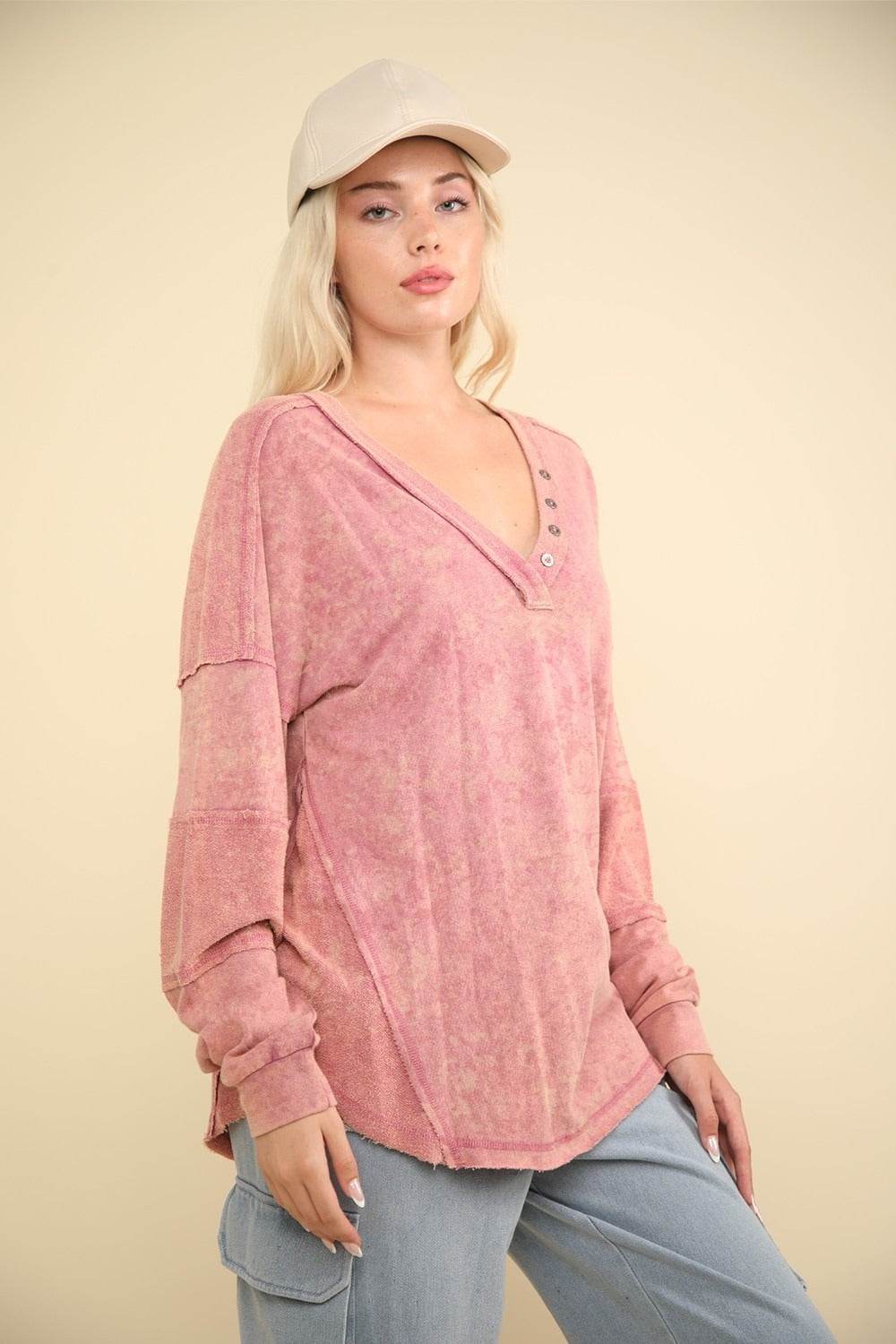 VERY J Washed V-Neck Exposed Seam Knit Top - DaTrendStore.Com