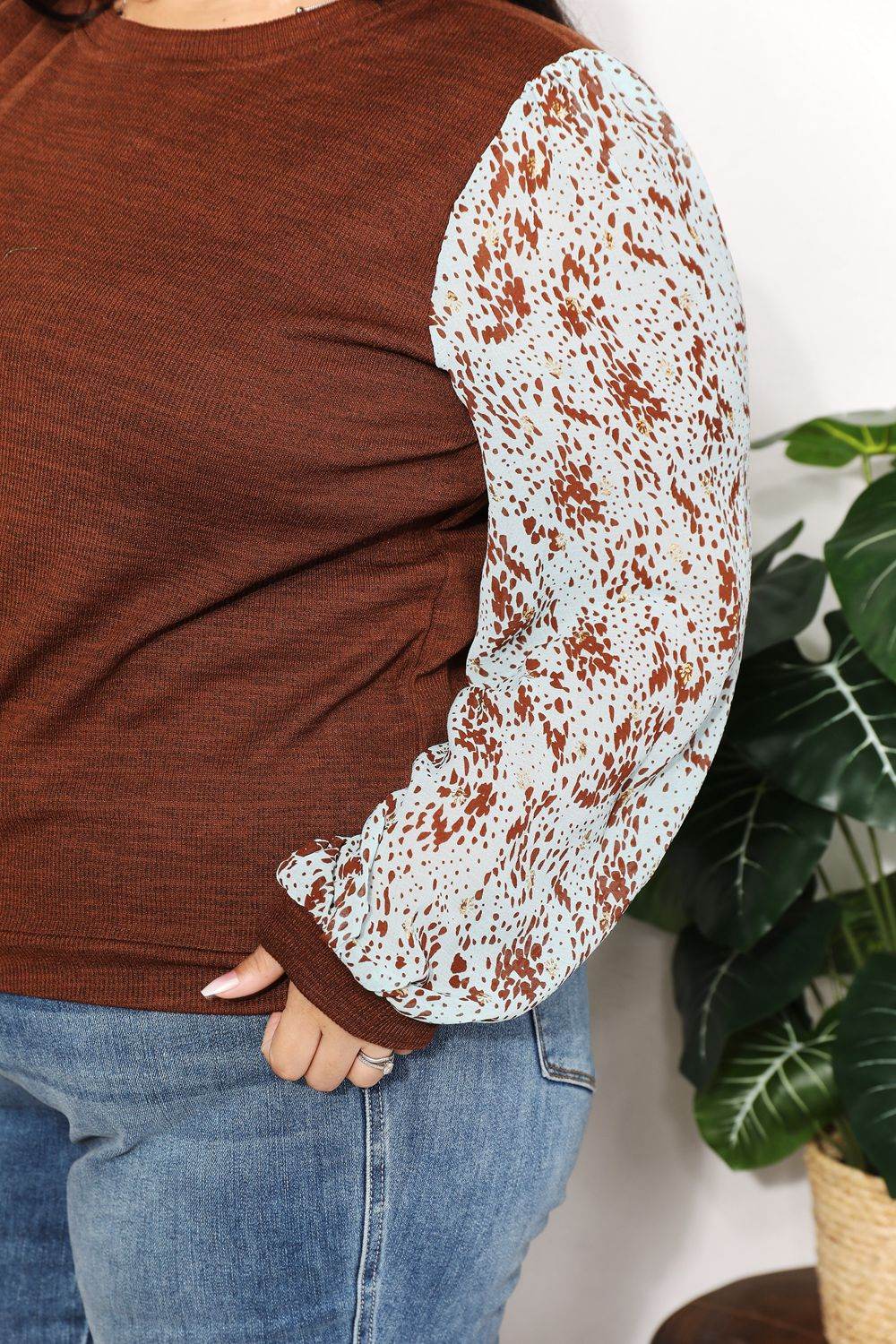 And The Why Full Size Foil Printed Sleeve Top - DaTrendStore.Com