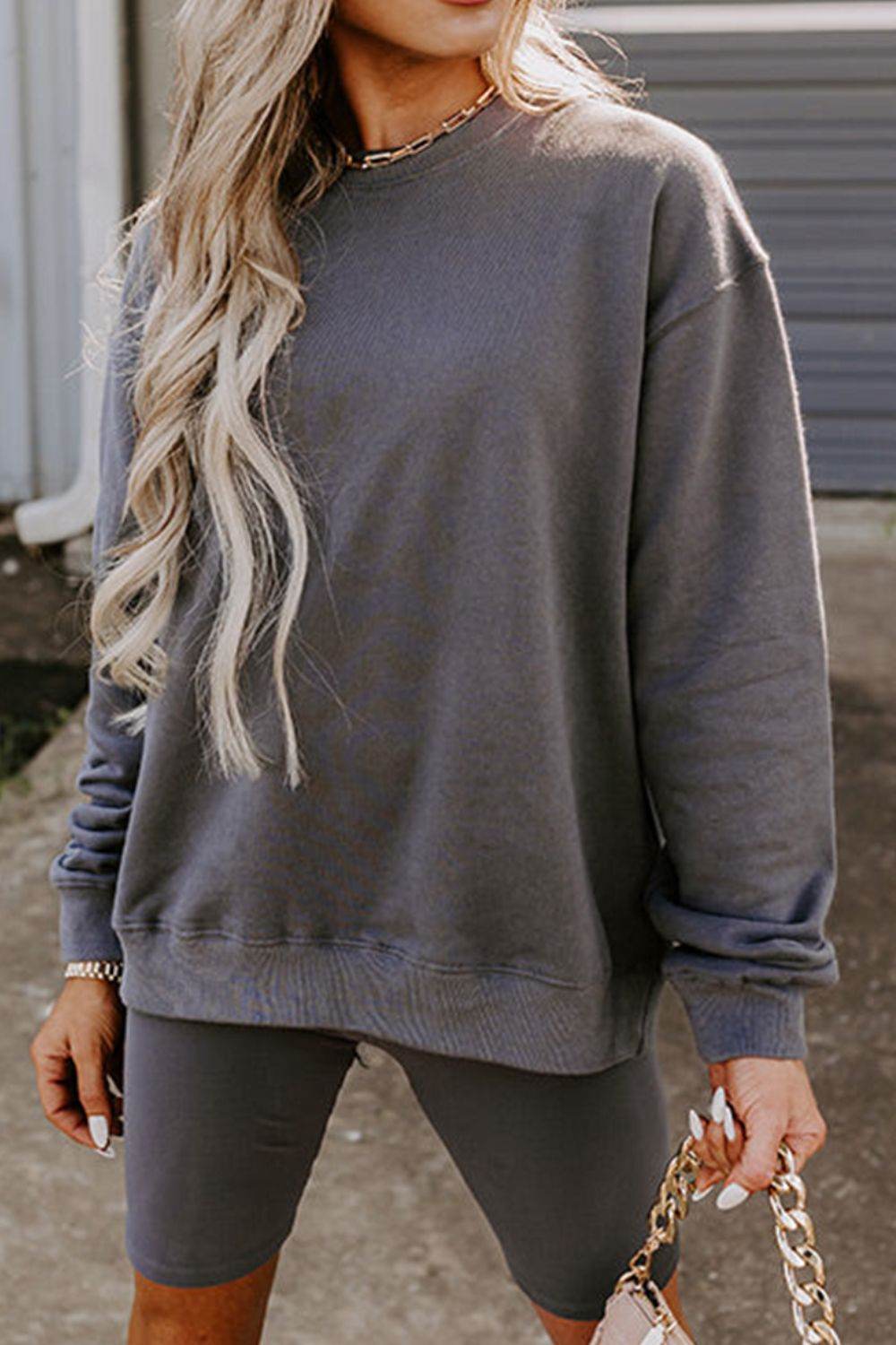 Round Neck Drop Shoulder Sweatshirt and Shorts Set - DaTrendStore.Com