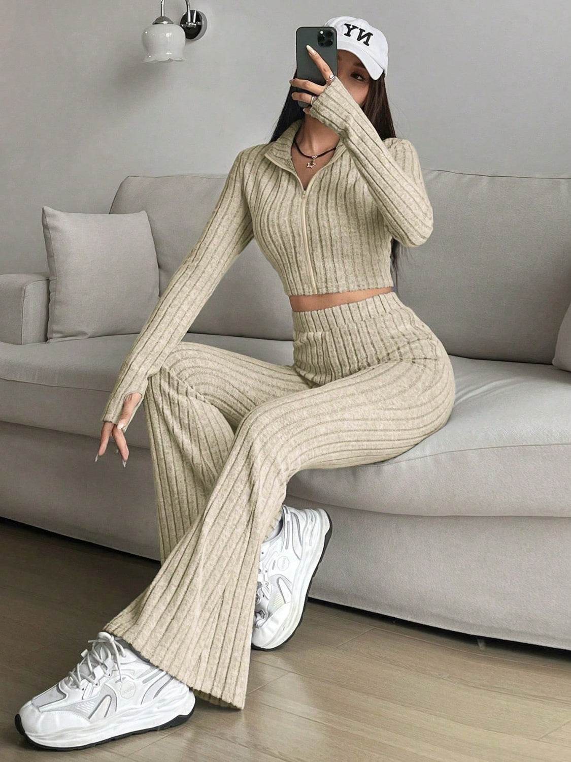 Honey Zip Up Long Sleeve Top and Pants Set - DaTrendStore.Com