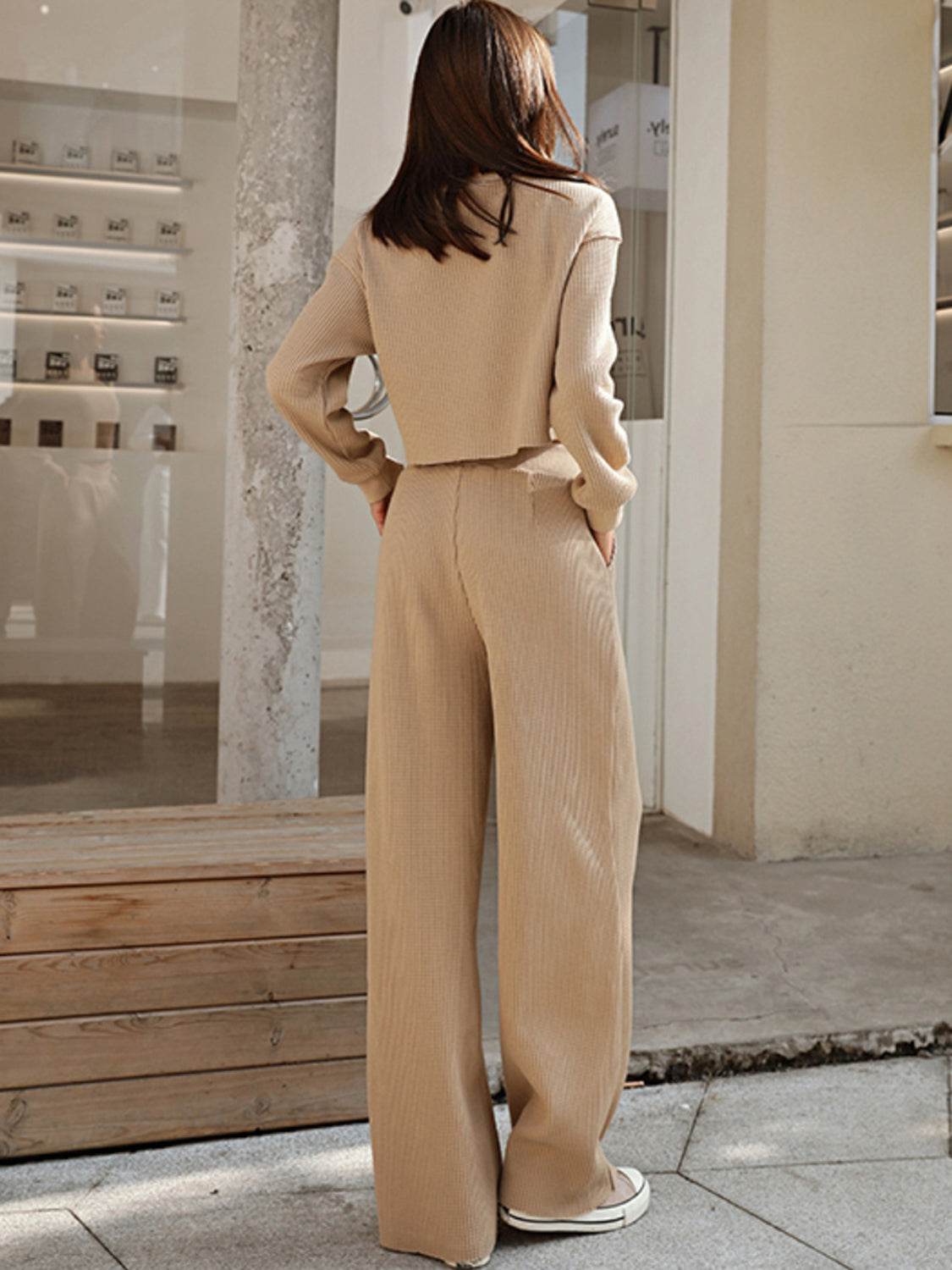 Waffle-Knit Round Neck Top and Pants Set - DaTrendStore.Com