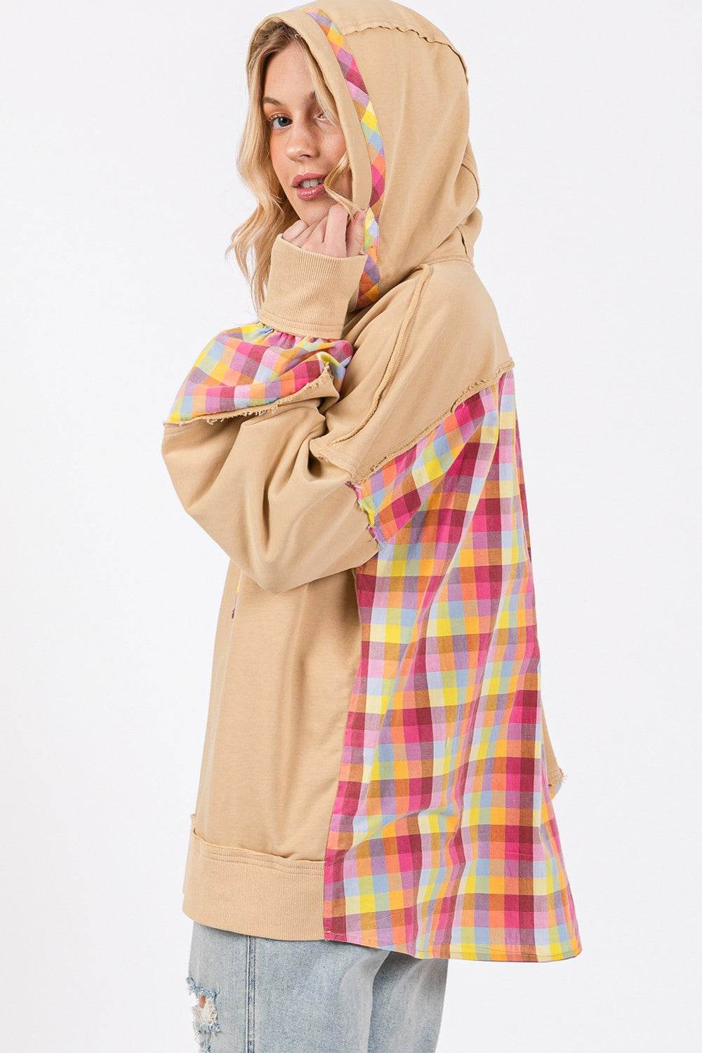 SAGE + FIG Full Size Plaid Print Washed Hoodie - DaTrendStore.Com