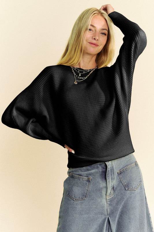 Davi & Dani Round Neck Batwing Sleeve Sweater - DaTrendStore.Com