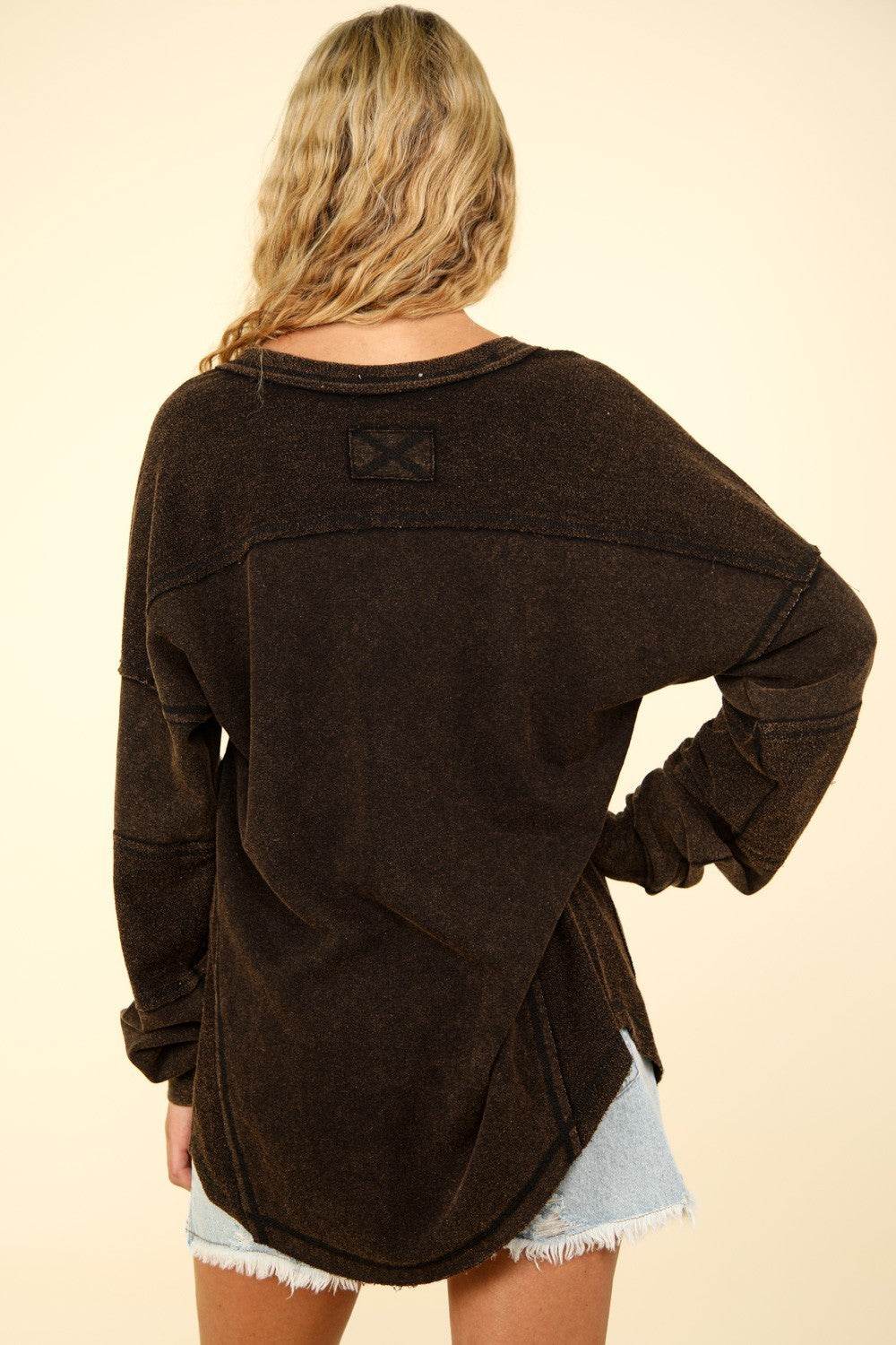 VERY J Washed V-Neck Exposed Seam Knit Top - DaTrendStore.Com
