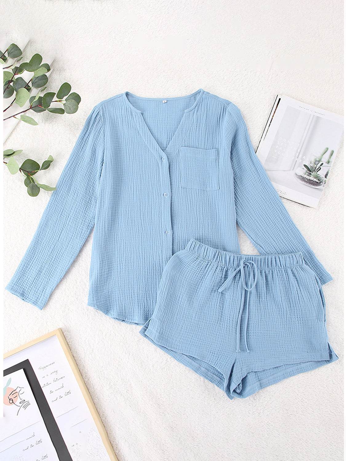 Notched Long Sleeve Top and Shorts Set - DaTrendStore.Com