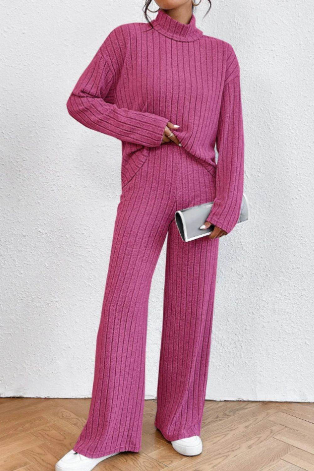 Mock Neck Dropped Shoulder Top and Pants Set - DaTrendStore.Com