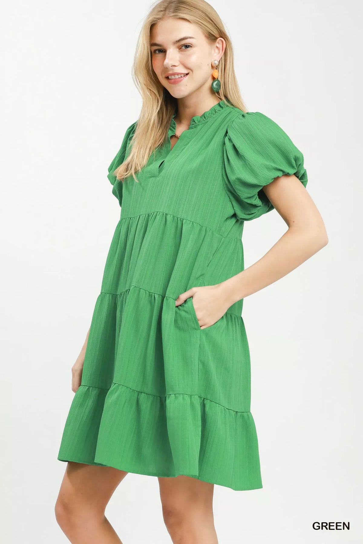 Umgee Puff Sleeve Tiered Babydoll Dress - Green