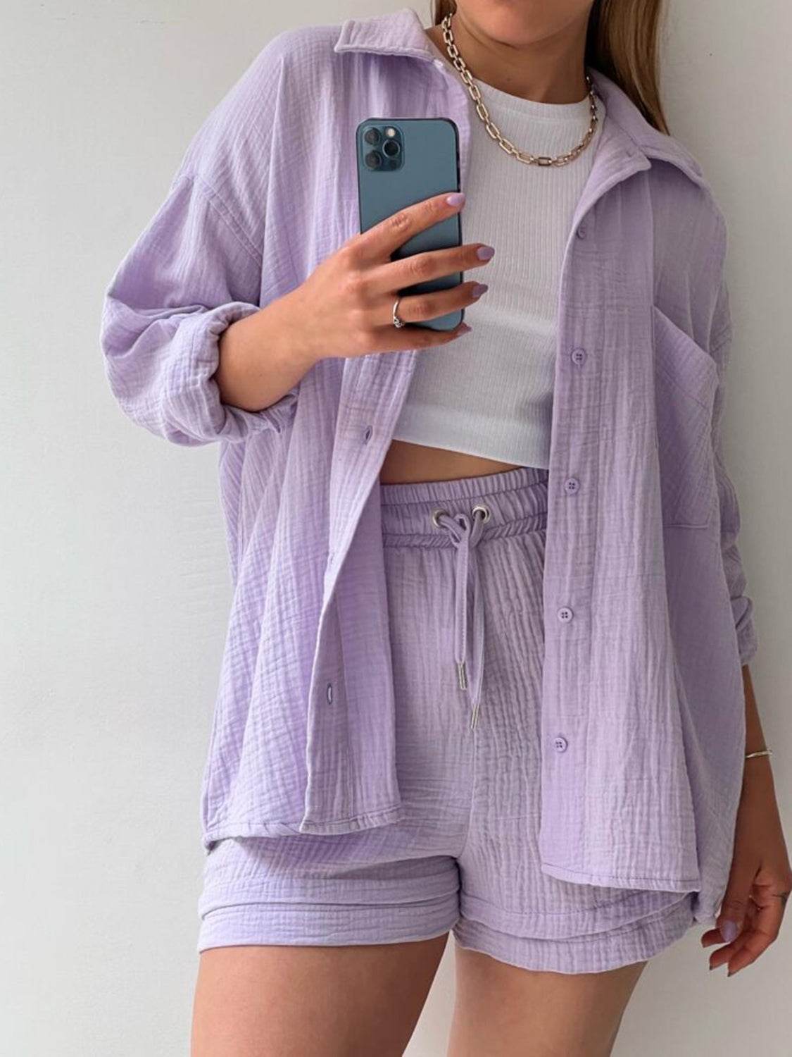 Texture Button Up Shirt and Drawstring Shorts Set - DaTrendStore.Com