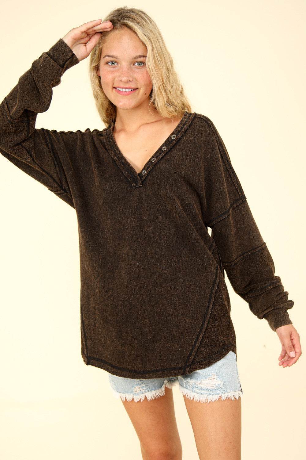 VERY J Washed V-Neck Exposed Seam Knit Top - DaTrendStore.Com