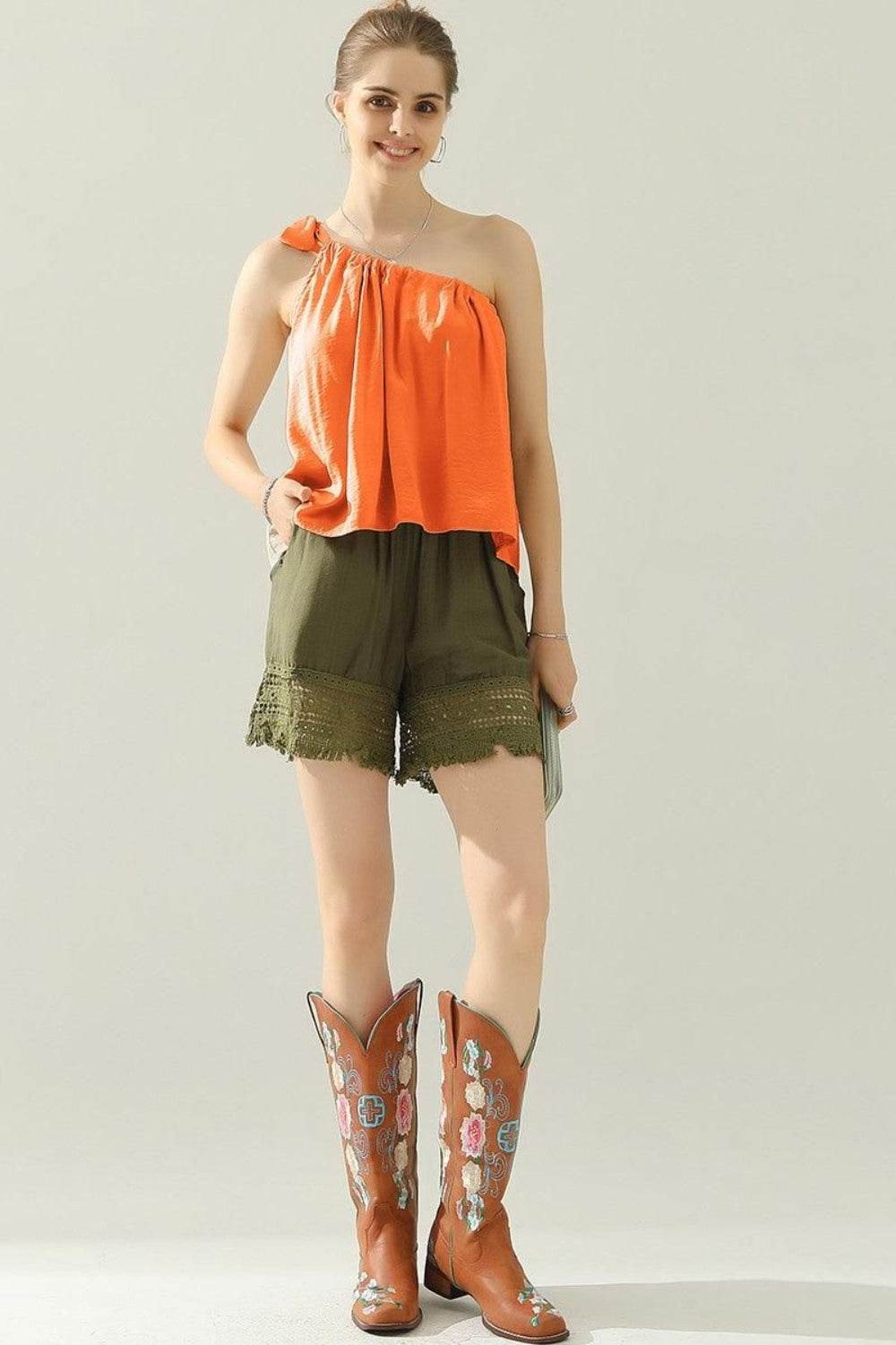 Ninexis One Shoulder Bow Tie Strap Satin Silk Top - DaTrendStore.Com