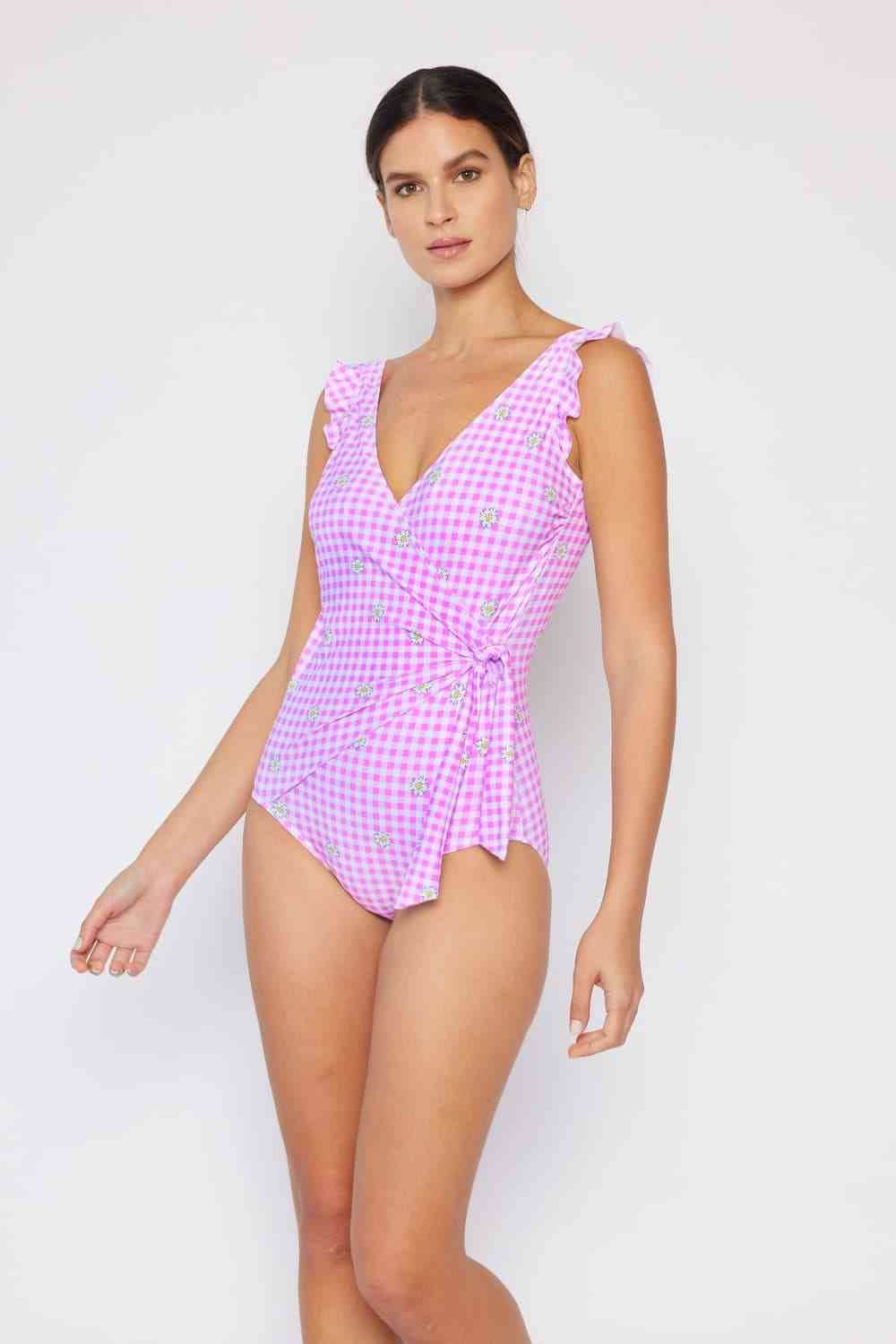 Marina West Swim Full Size Float On Ruffle Faux Wrap One-Piece in Carnation Pink - DaTrendStore.Com