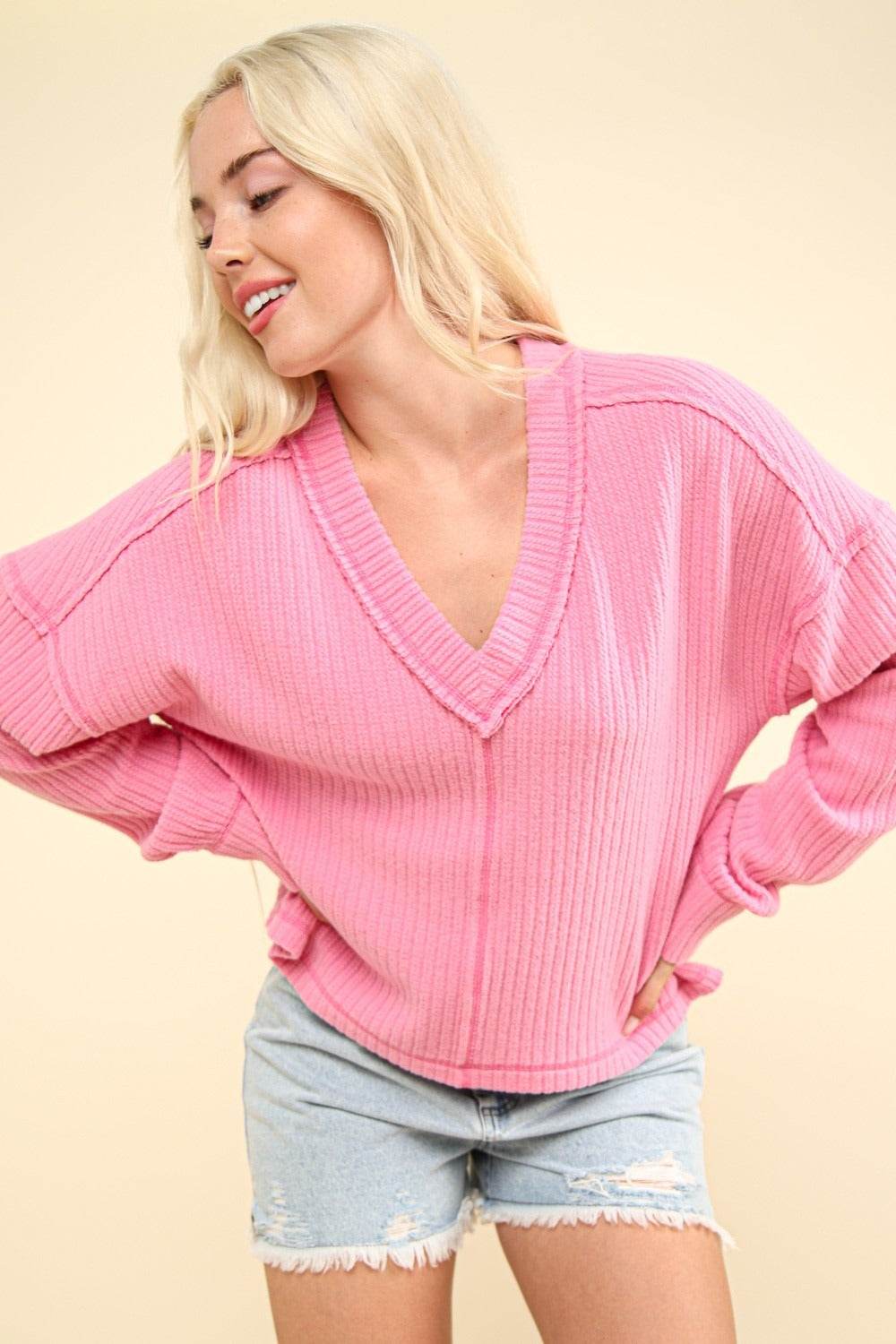 VERY J Exposed Seam V-Neck Ribbed Knit Top - DaTrendStore.Com