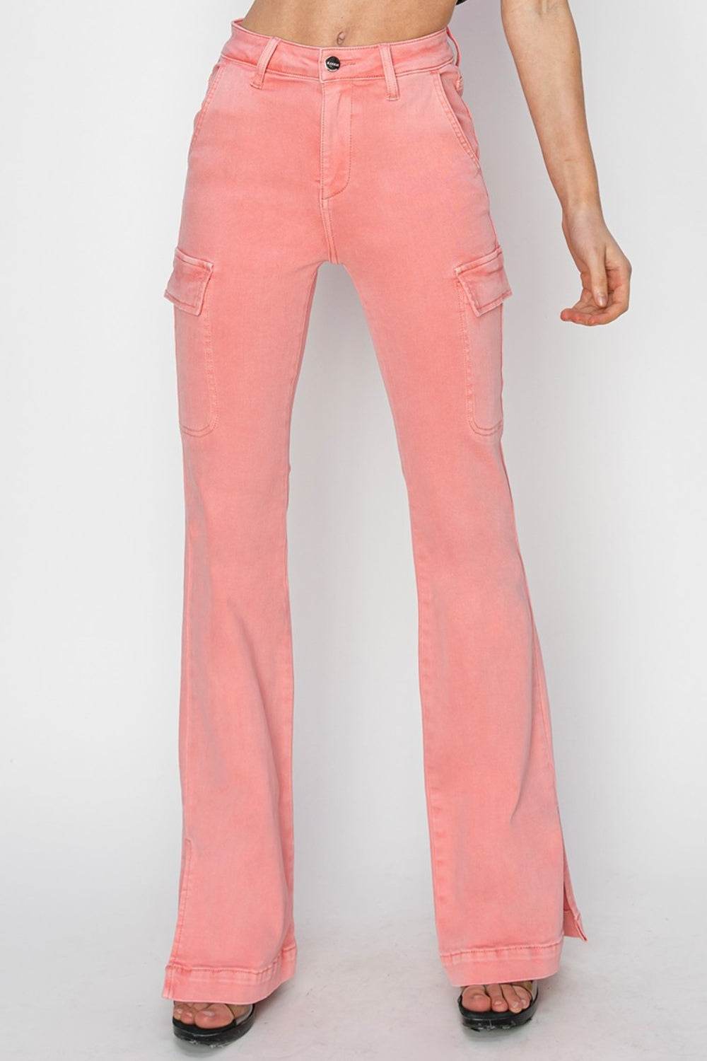 RISEN Full Size High Rise Side Slit Cargo Bootcut Jeans - DaTrendStore.Com