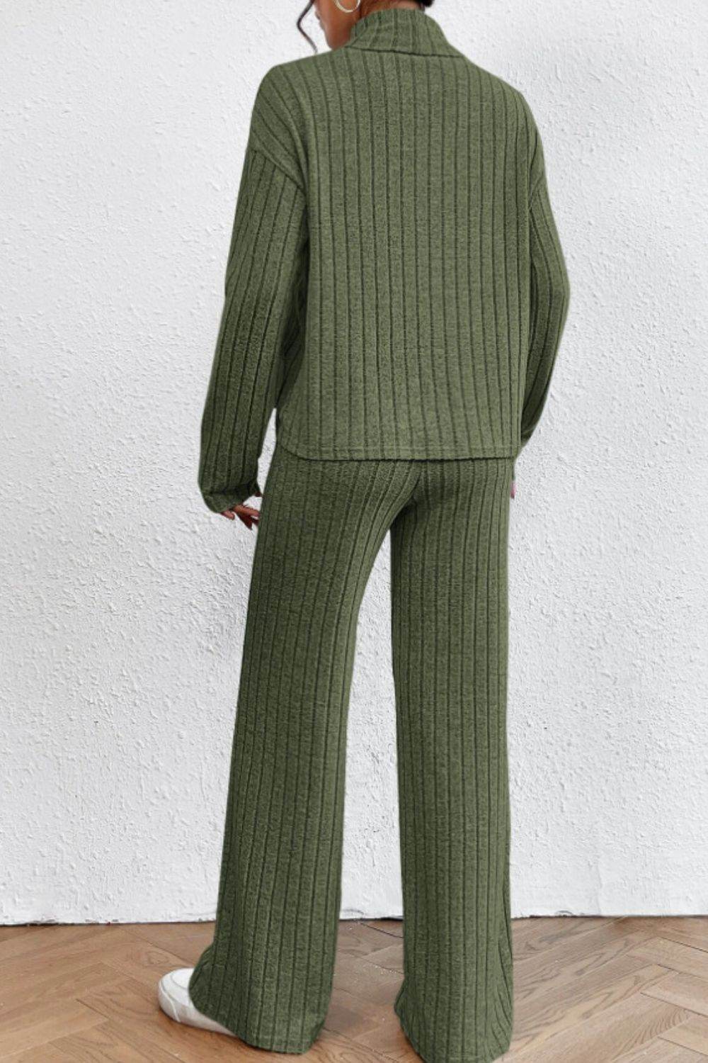 Mock Neck Dropped Shoulder Top and Pants Set - DaTrendStore.Com