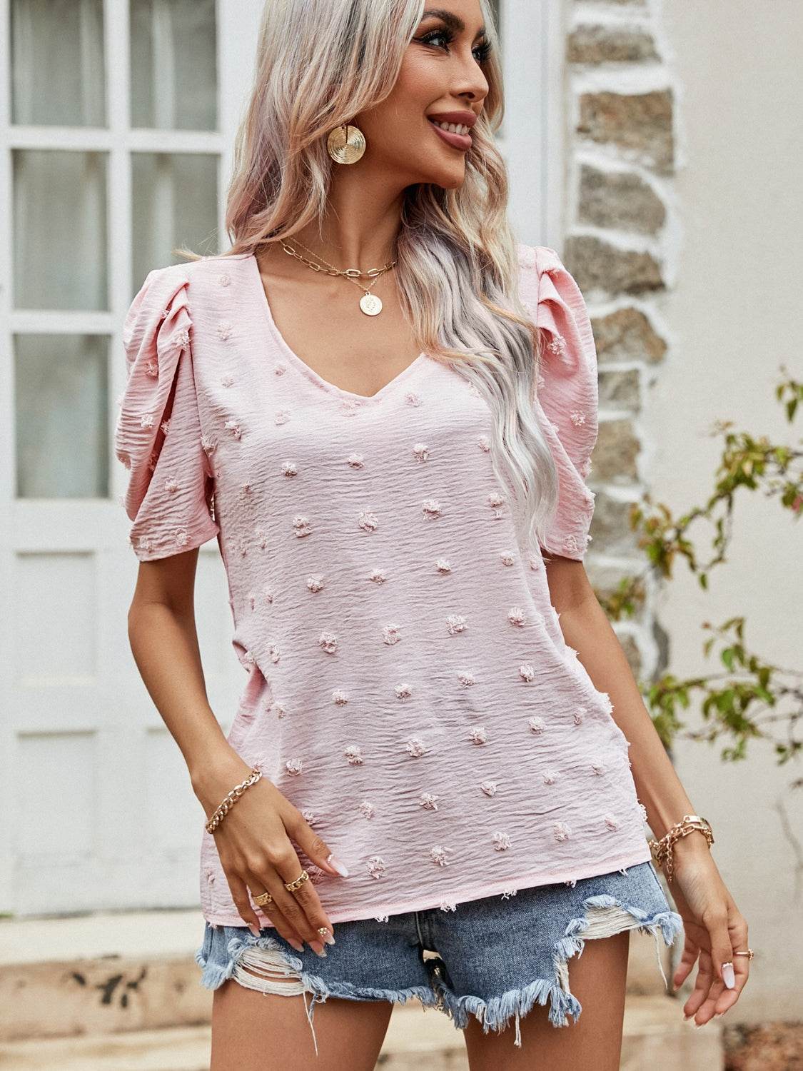 Swiss Dot Short Puff Sleeve Top - DaTrendStore.Com