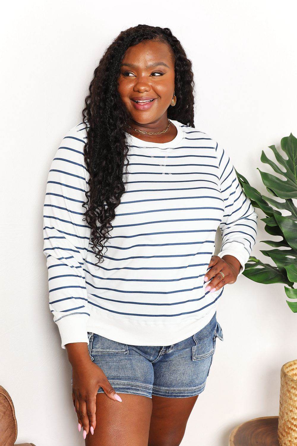 Double Take Striped Long Sleeve Round Neck Top - DaTrendStore.Com