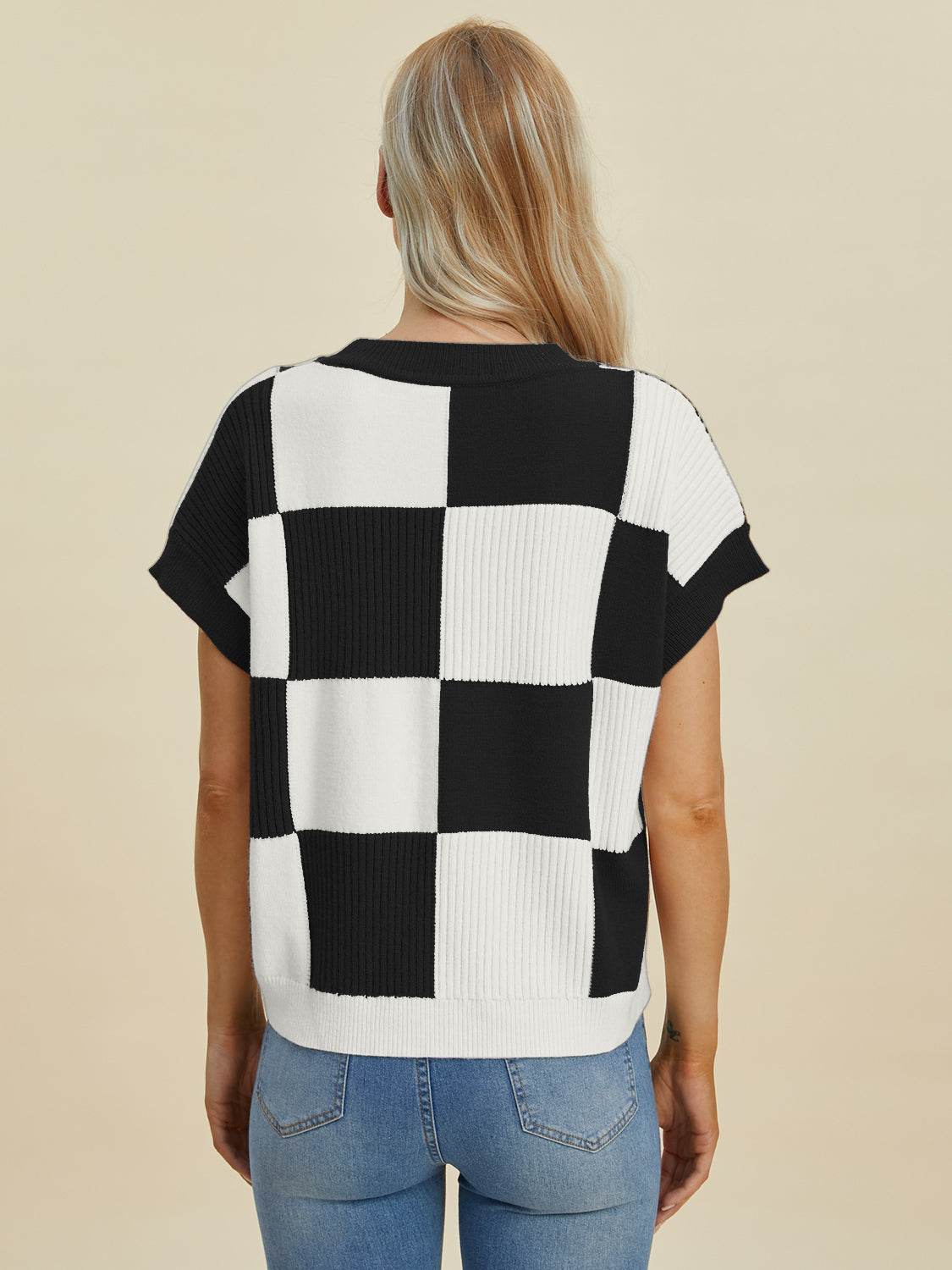 Double Take Full Size Checkered Round Neck Short Sleeve Sweater - DaTrendStore.Com