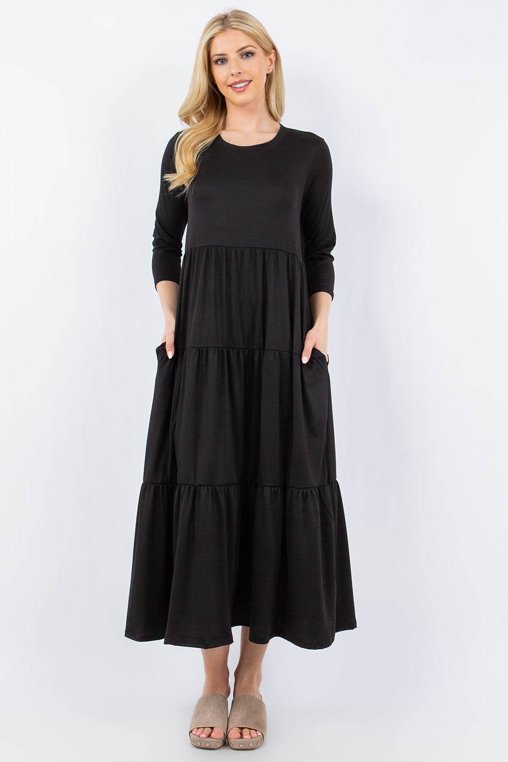 Celeste Full Size Tiered Midi Dress with Pockets - DaTrendStore.Com