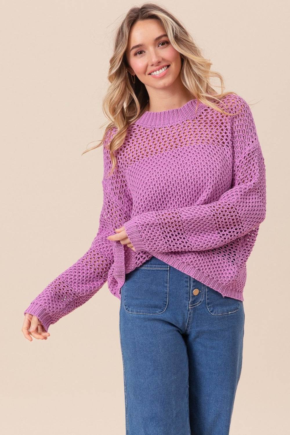 BiBi Openwork Long Sleeve Knit Top - DaTrendStore.Com
