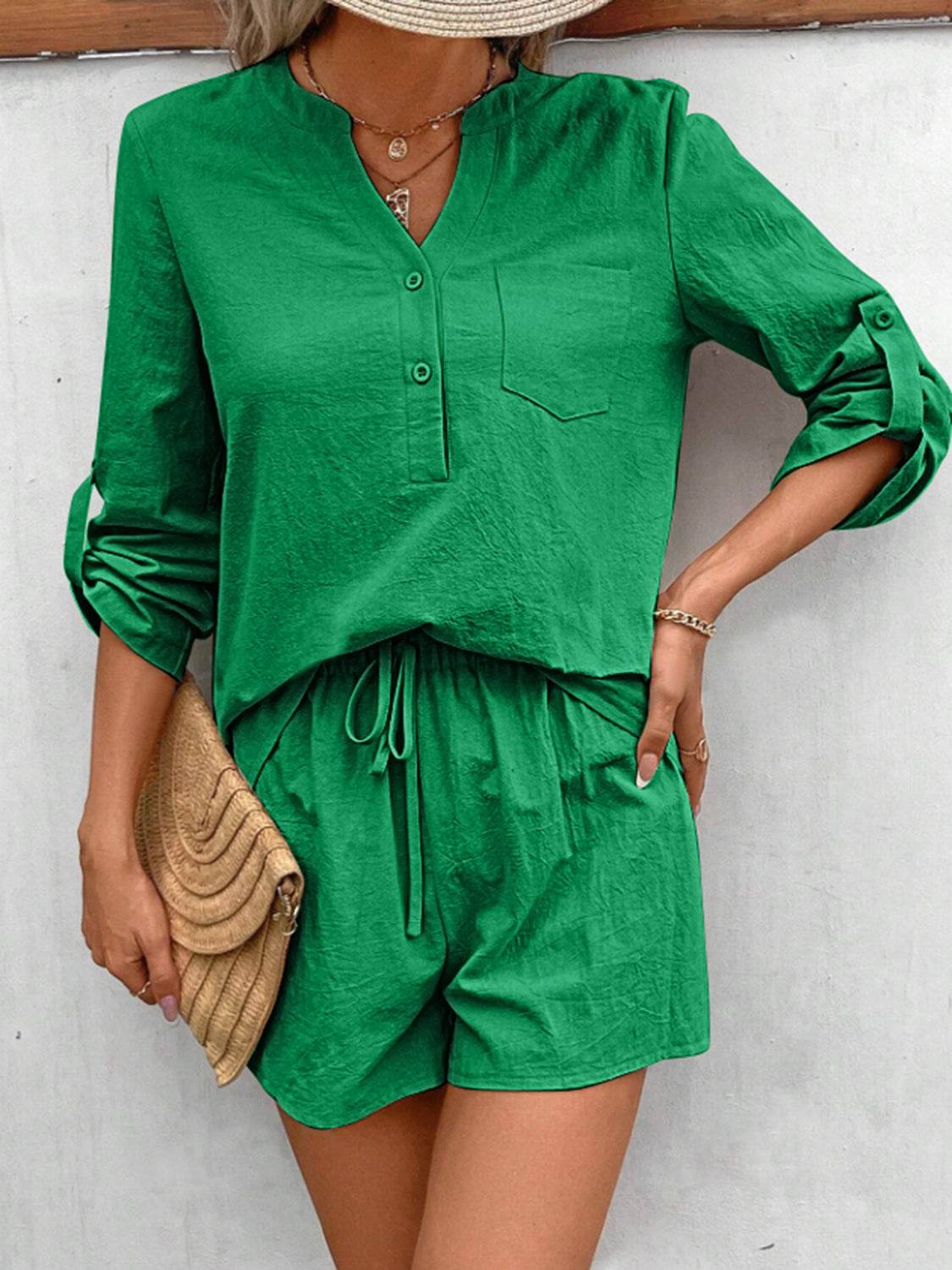 Notched Long Sleeve Top and Shorts Set - DaTrendStore.Com