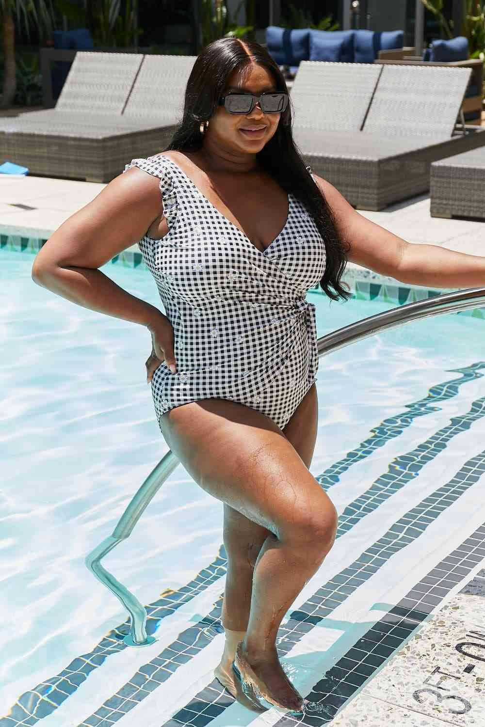 Marina West Swim Full Size Float On Ruffle Faux Wrap One-Piece in Black - DaTrendStore.Com