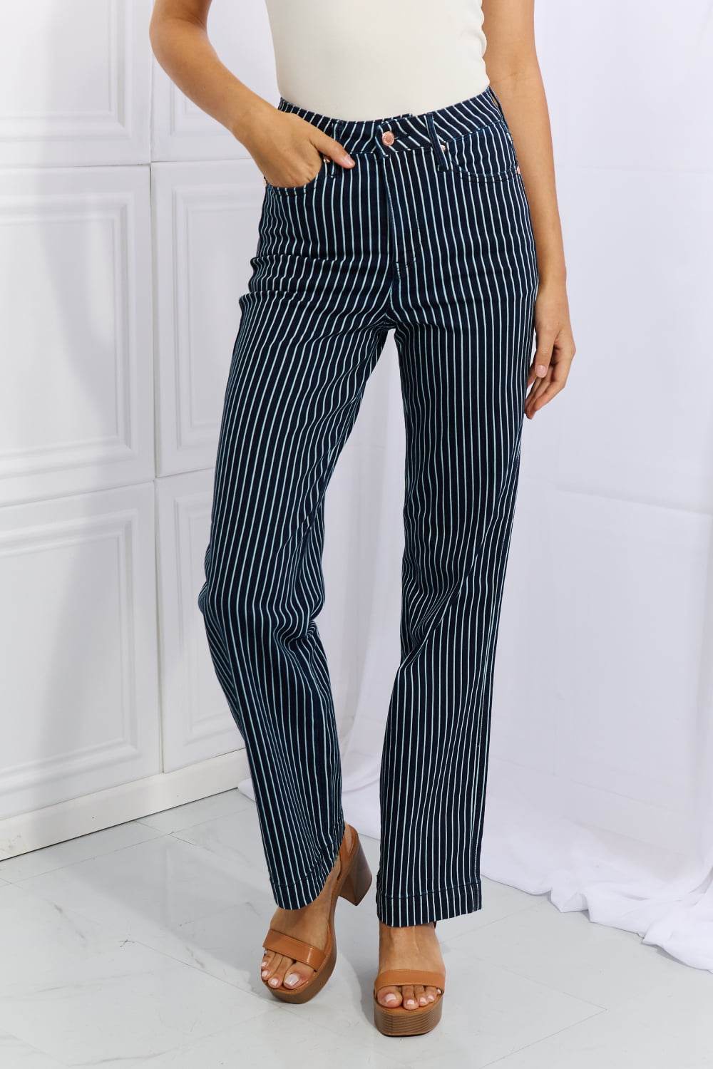 Judy Blue Cassidy Full Size High Waisted Tummy Control Striped Straight Jeans - DaTrendStore.Com