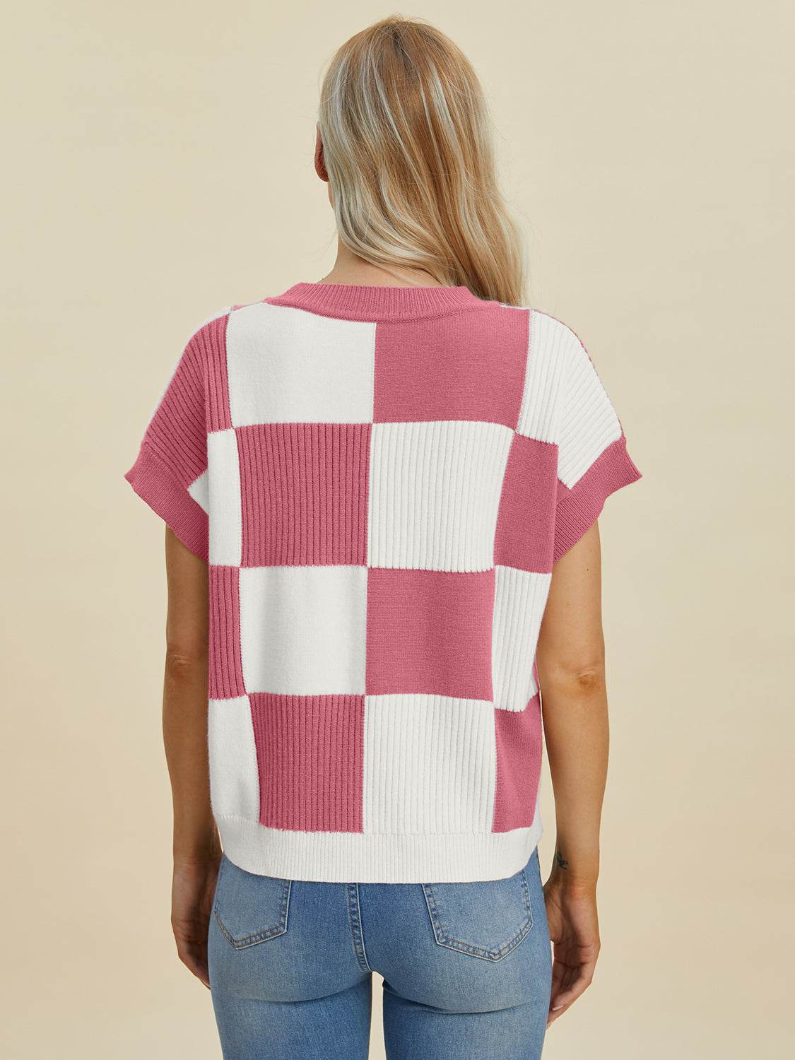 Double Take Full Size Checkered Round Neck Short Sleeve Sweater - DaTrendStore.Com