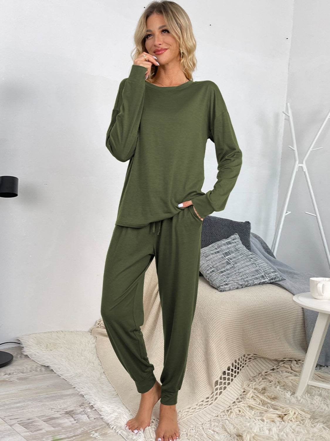 Shiny Round Neck Top and Drawstring Pants Lounge Set - DaTrendStore.Com