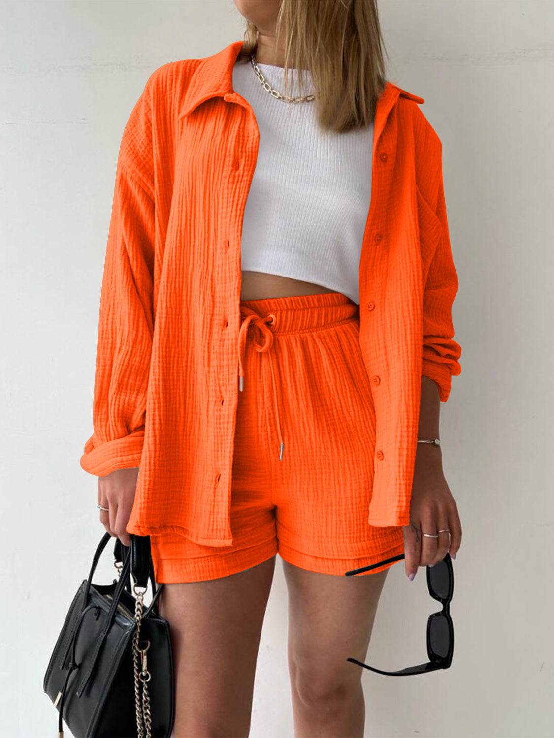 Texture Button Up Shirt and Drawstring Shorts Set - DaTrendStore.Com