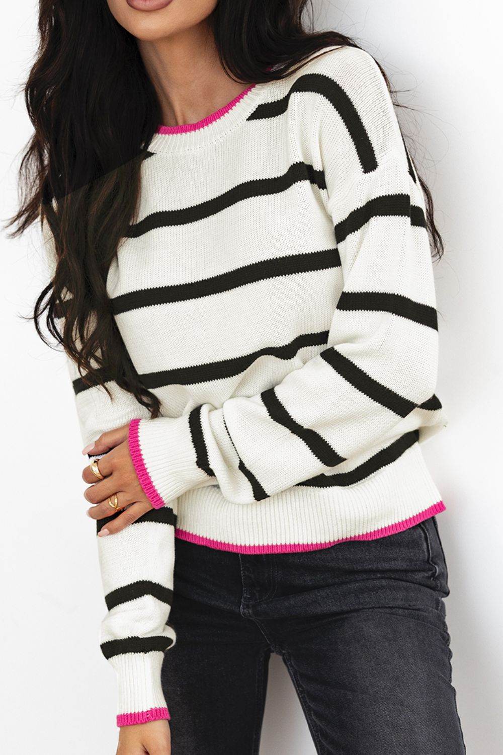 Striped Round Neck Drop Shoulder Sweater - DaTrendStore.Com