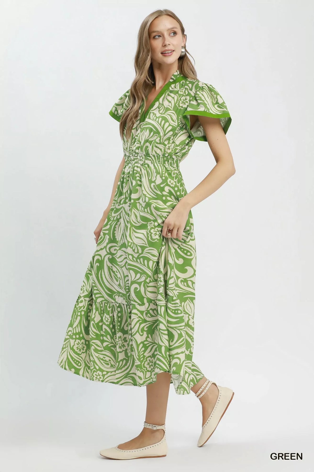 Umgee Paisley Print Midi Dress with Side Pockets - Green