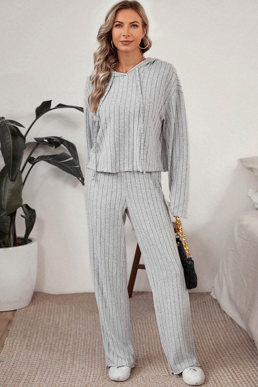Ribbed Drawstring Hoodie and Pants Lounge Set - DaTrendStore.Com