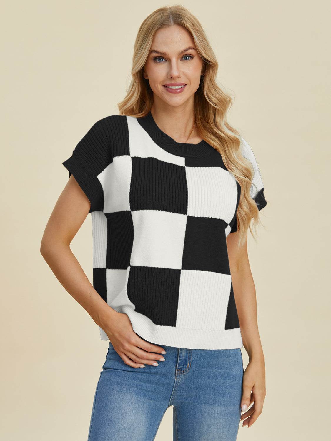Double Take Full Size Checkered Round Neck Short Sleeve Sweater - DaTrendStore.Com