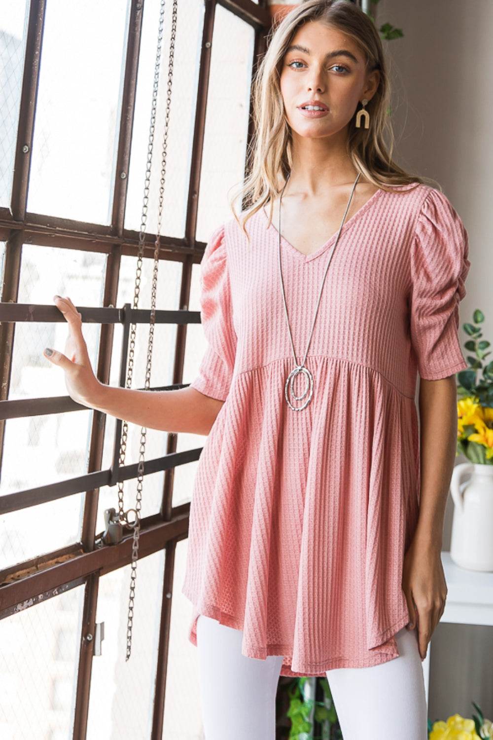 Heimish Full Size Waffle Knit V-Neck Babydoll Top - DaTrendStore.Com