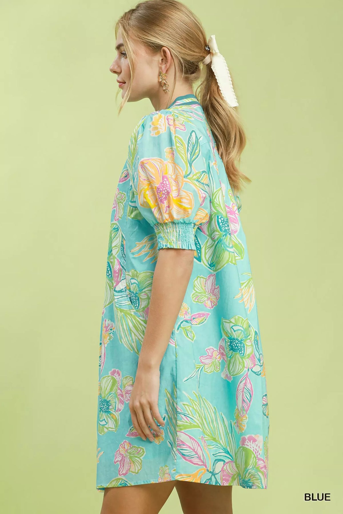 Umgee Botanical Print Dress with Smocked Cuffs - Blue