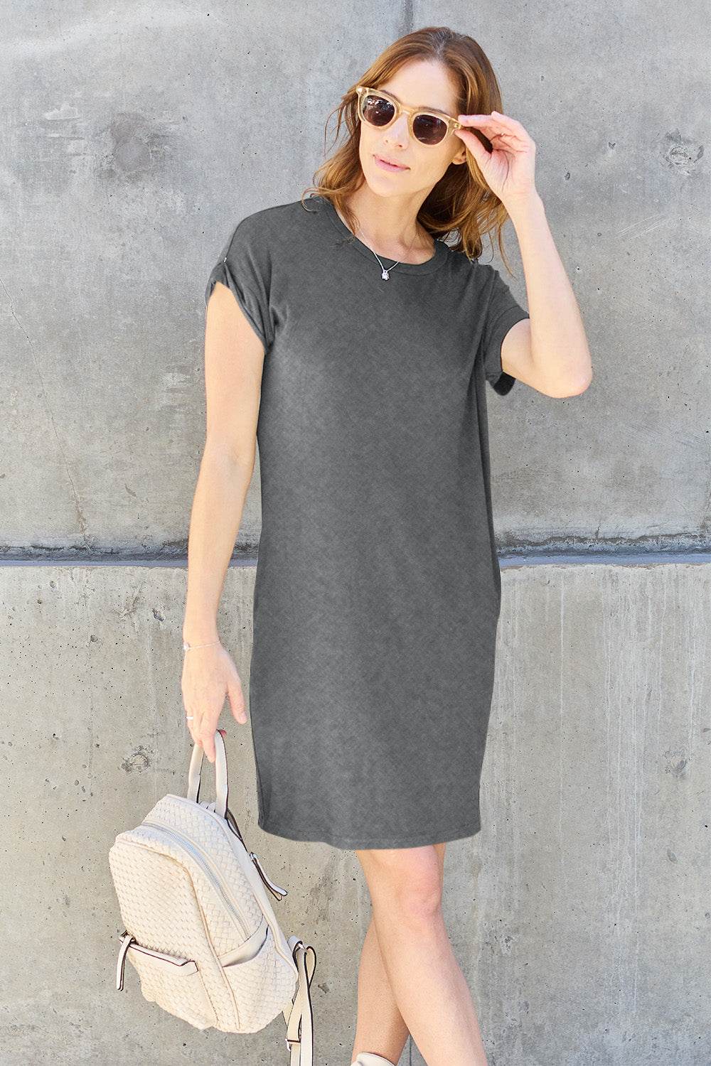 Basic Bae Full Size Round Neck Short Sleeve Dress with Pockets - DaTrendStore.Com