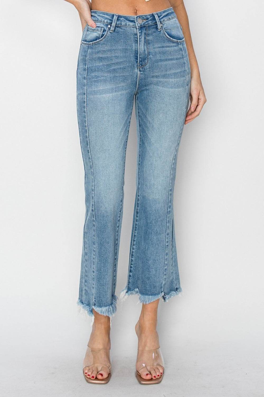 RISEN Full Size High Rise Frayed Hem Flare Jeans - DaTrendStore.Com