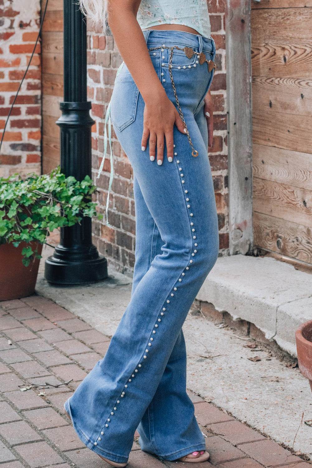 Pearl Trim High Waist Bootcut Jeans - DaTrendStore.Com