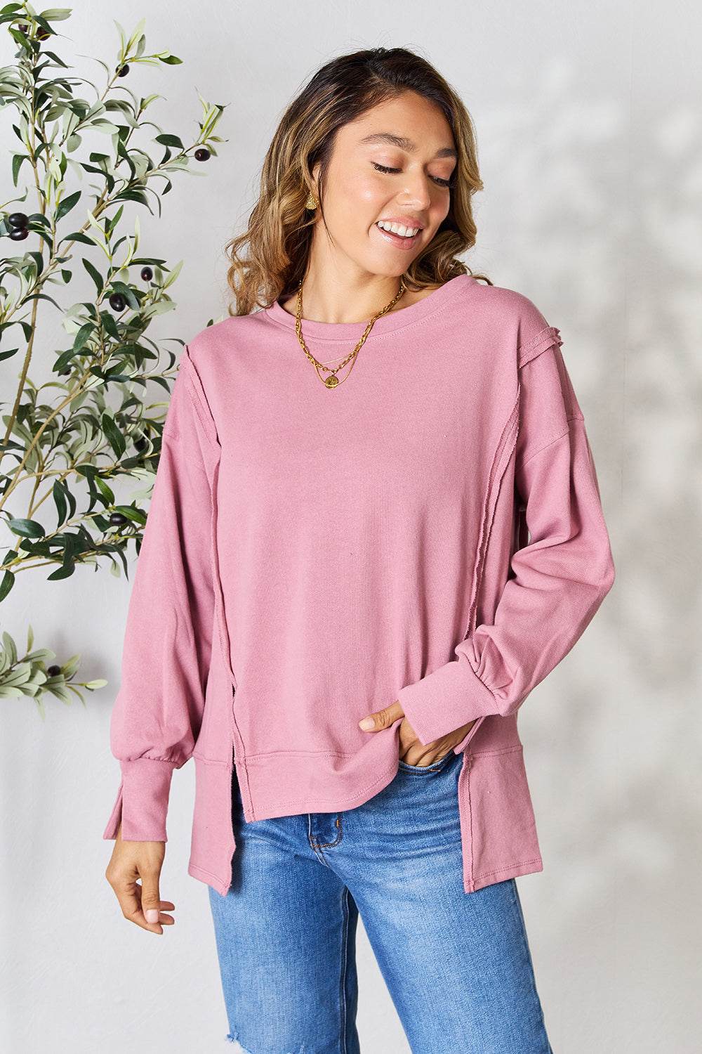 Culture Code Full Size Round Neck Exposed Seam Slit Top - DaTrendStore.Com