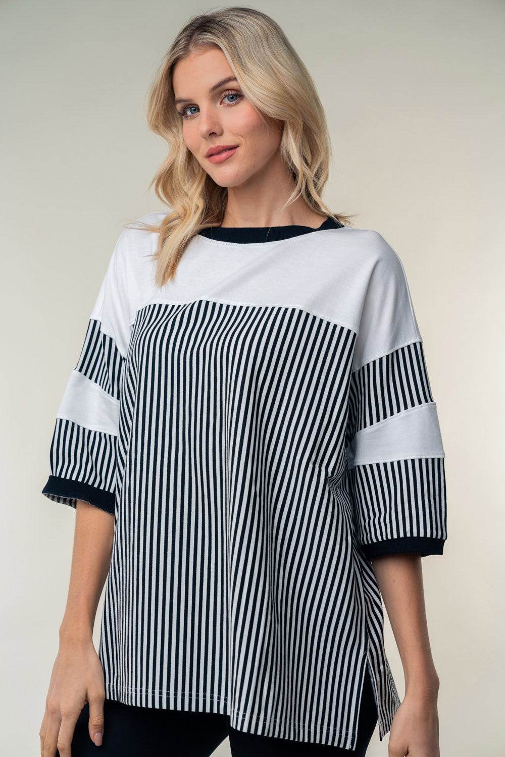 White Birch Full Size Striped Contrast Round Neck Top - DaTrendStore.Com