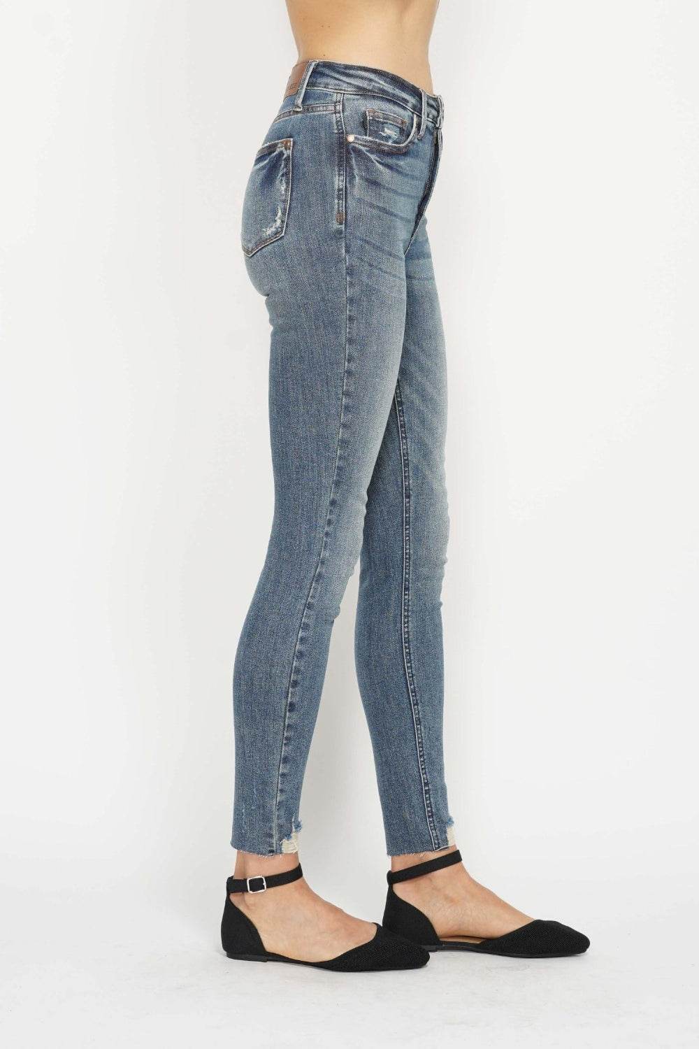Judy Blue Full Size Tummy Control Vintage Wash Hem Destroy Skinny Jeans - DaTrendStore.Com