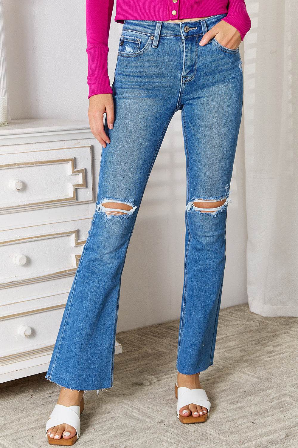 Kancan Full Size Distressed Raw Hem Bootcut Jeans - DaTrendStore.Com