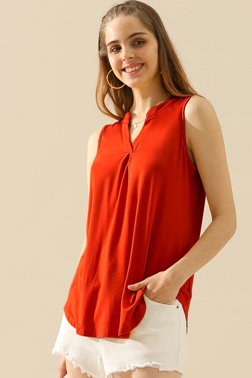 Ninexis Full Size Notched Sleeveless Top - DaTrendStore.Com